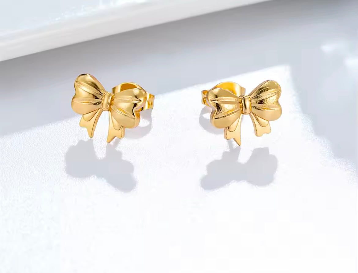 Dainty Golden Bow Knot Stud Earrings – Stainless Steel - 11 mm