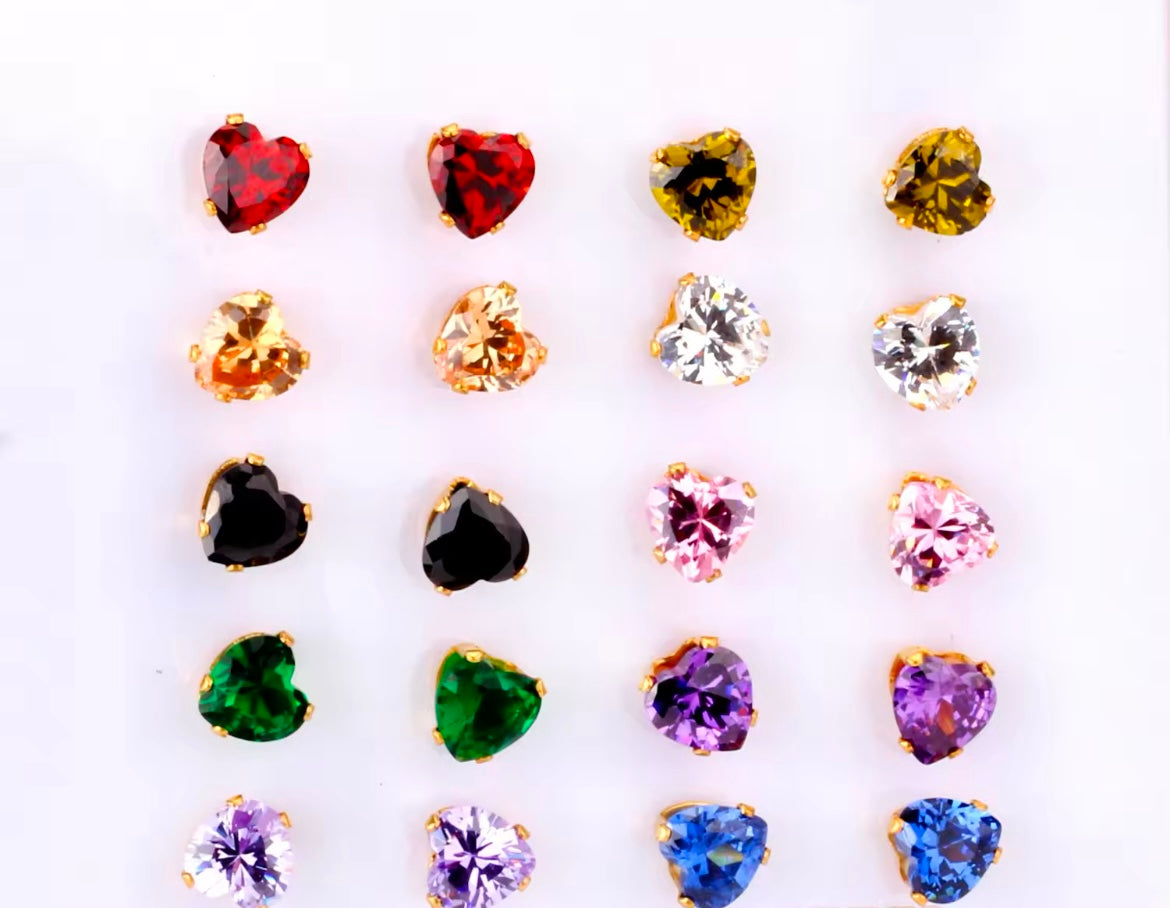 Colourful Crystal Heart-Shaped Cubic Zirconia Stud Earrings – Stainless Steel Jewellery