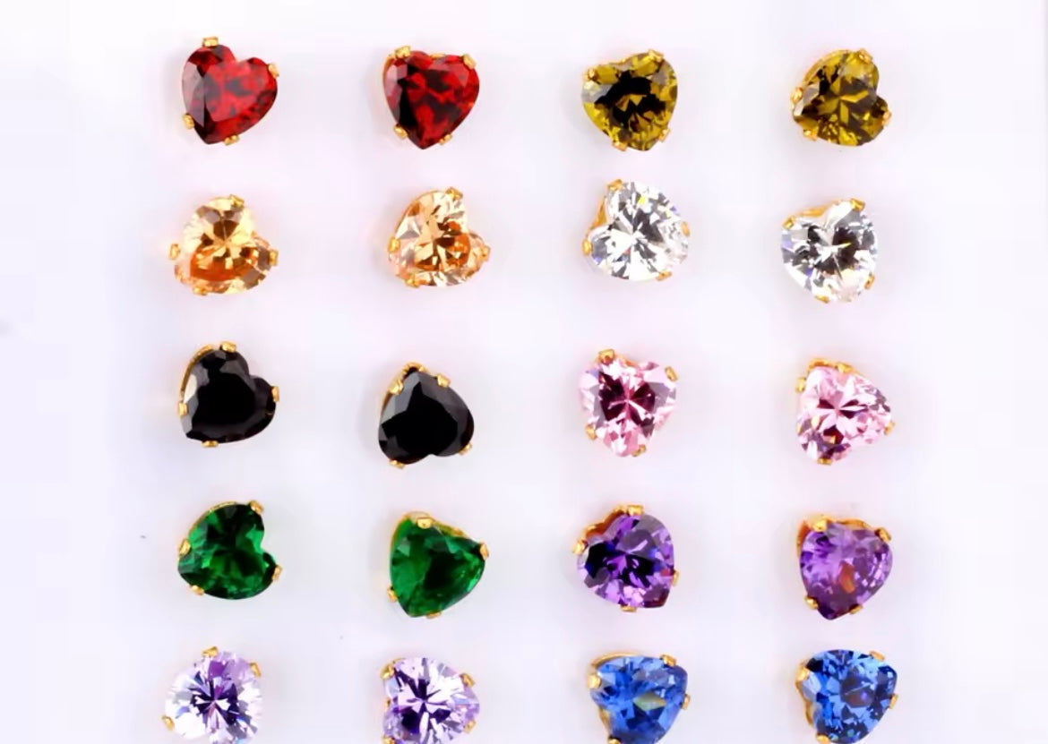 Colourful Crystal Heart-Shaped Cubic Zirconia Stud Earrings – Stainless Steel Jewellery