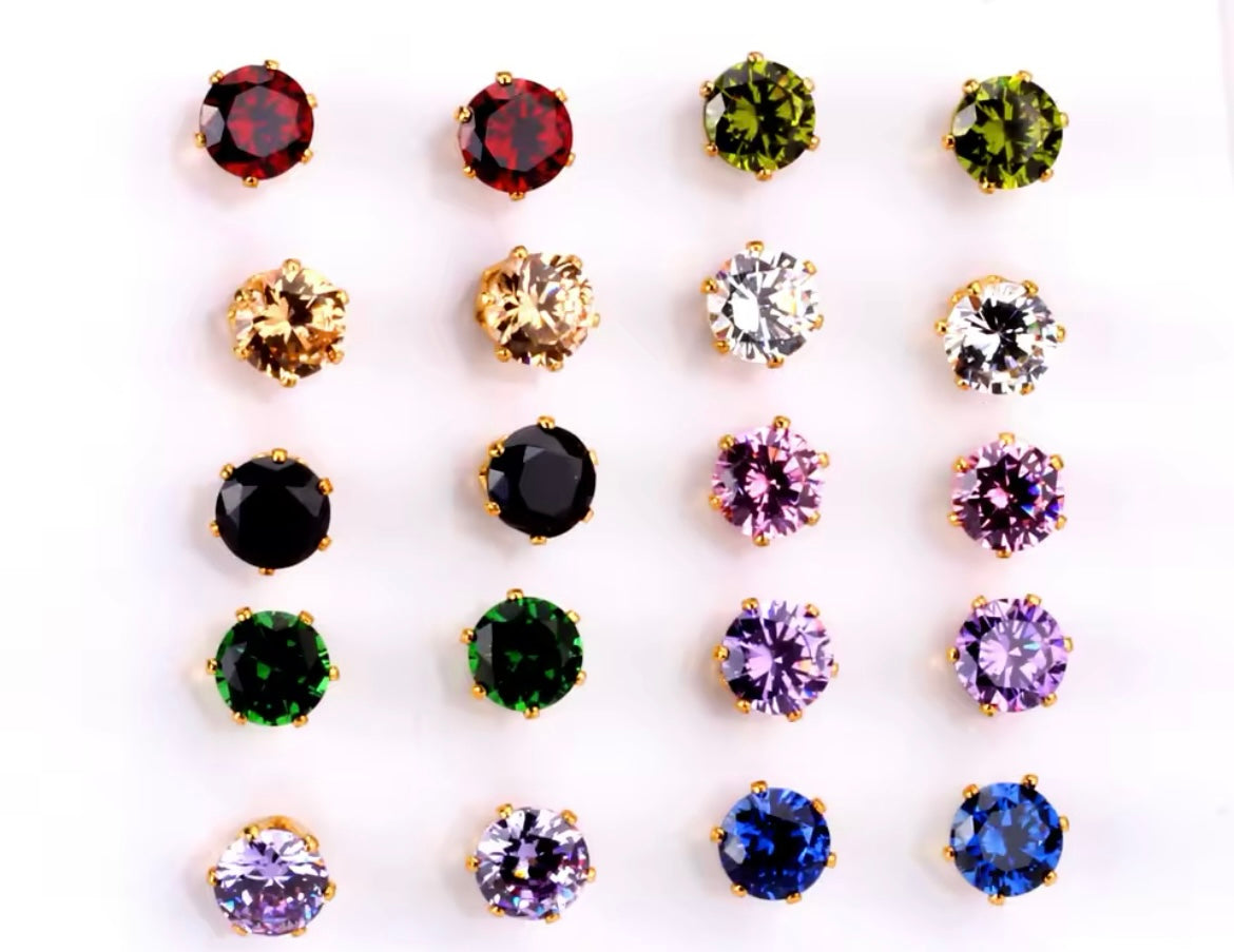 Colourful Crystal Round-Shaped Cubic Zirconia Stud Earrings – Stainless Steel Jewellery